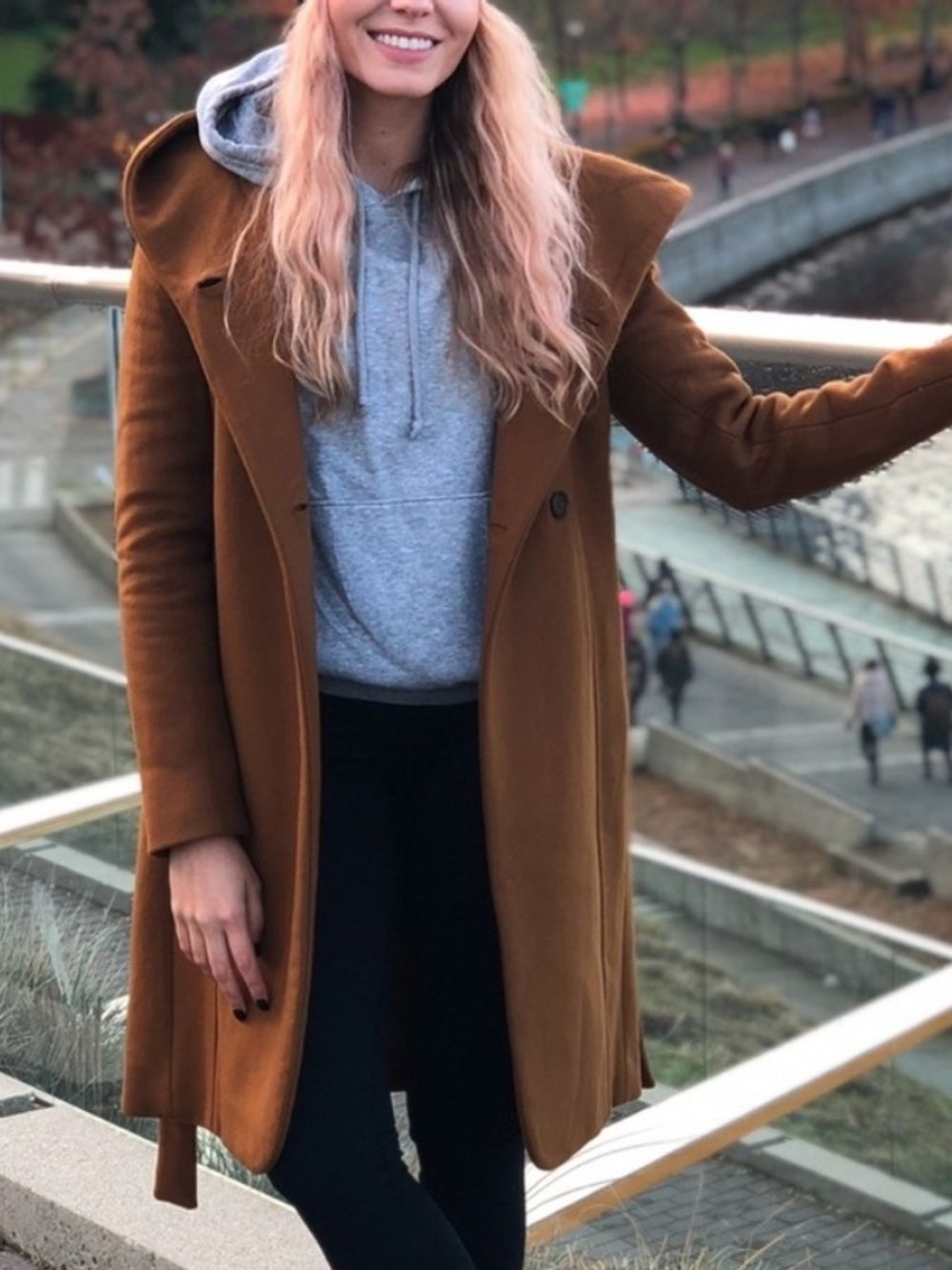 Aritzia Wilfred Wool Cashmere Hooded Belted Long Pea Coat Small Tan Brown Camel